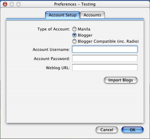Sample screen shot showing a new Blogger account being added.