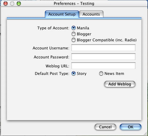 Sample screen shot for creating a new Manila account.